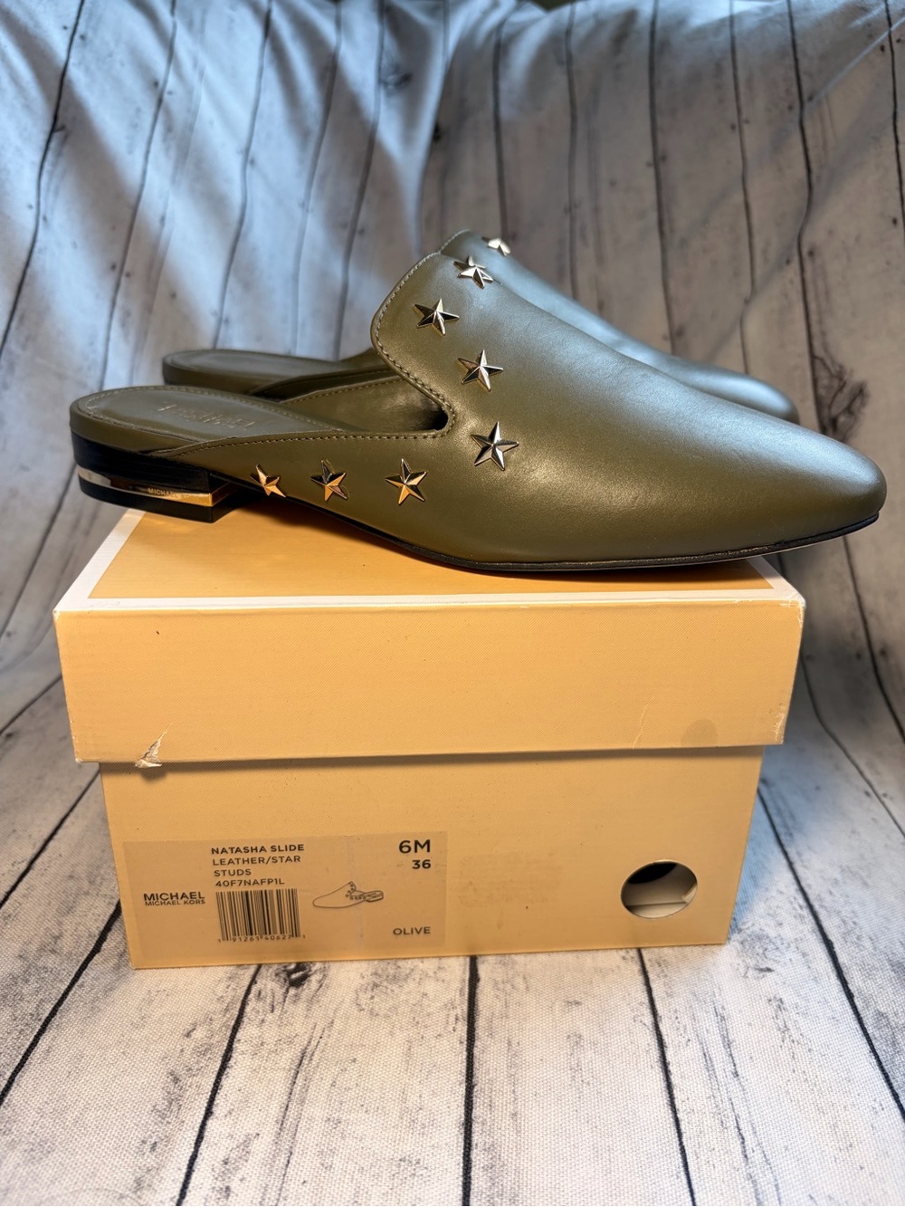 Michael Kors Olive Leather Star Stud Slide Mules